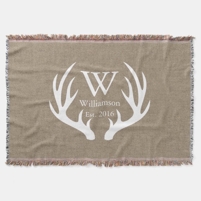 White Deer Buck Antlers Country Family Name Throw Blanket (Front)