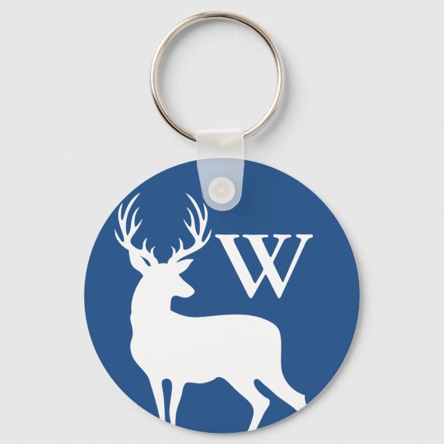 White Deer Buck Silhouette White Initial Letter Key Ring (Front)