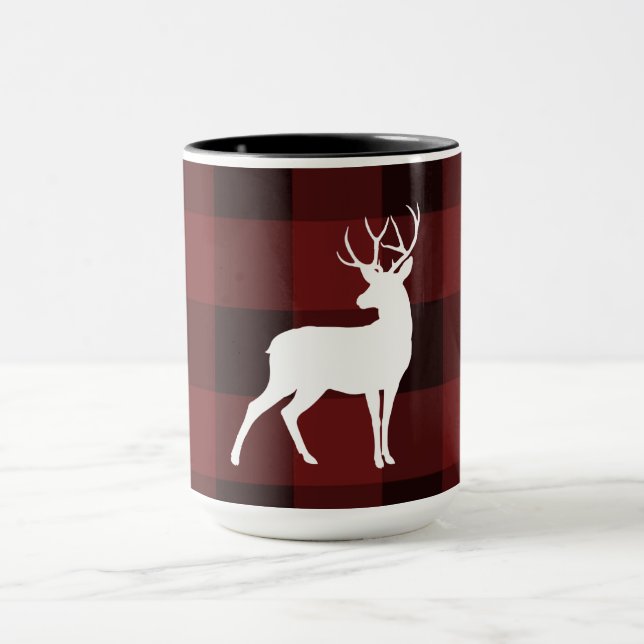 White Deer Buffalo Plaid Rustic Country Christmas Mug (Center)