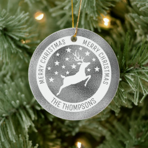 White Deer - Faux Silver Grey Foil (Not Real Foil) Ceramic Tree Decoration