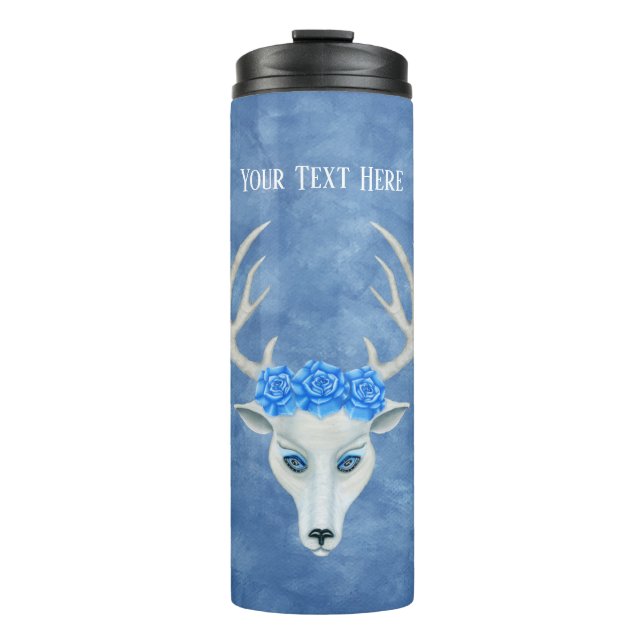 White Deer Head Antlers Roses Mysterious Face Blue Thermal Tumbler (Front)
