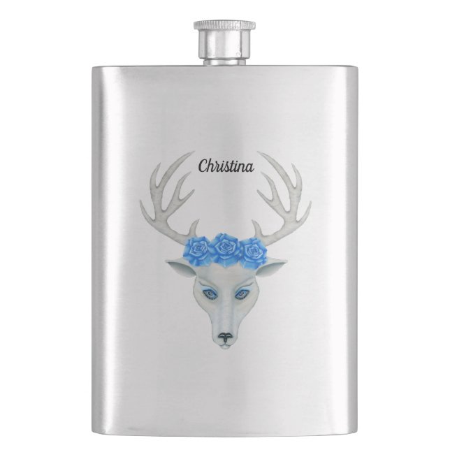 White Deer Head Antlers Vibrant Blue Eyes Roses Hip Flask (Front)