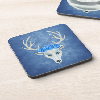White Deer Head Blue Mysterious Eyes Antlers Roses Coaster