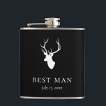 White Deer Head Hip Flask<br><div class="desc">White deer head silhouette on black background,  personalised flask. Features two lines for custom text. Background colour can be customised.</div>