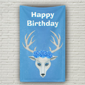 White Deer Head Large Antlers Blue Roses Birthday Banner