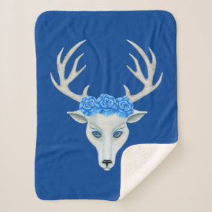 White Deer Head Mysterious Face Antlers Blue Roses Sherpa Blanket