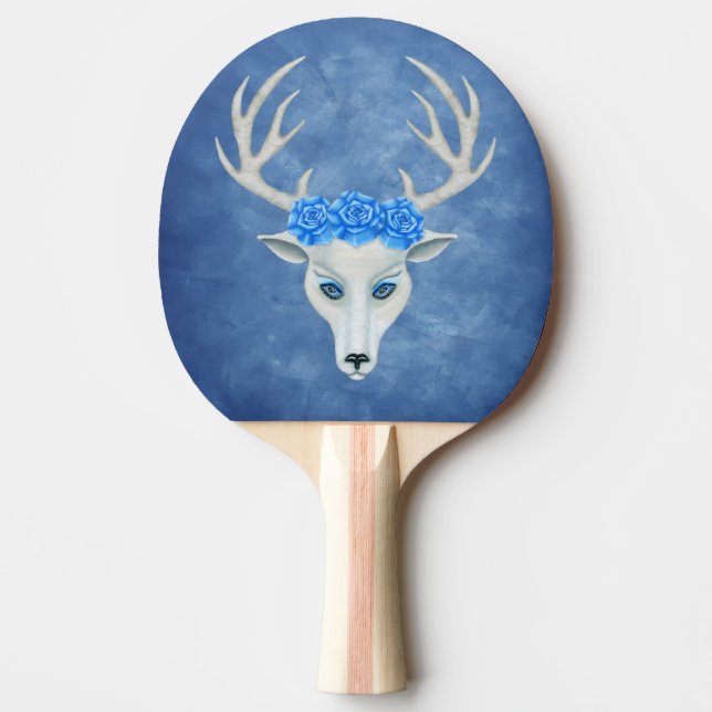 White Deer Head Mysterious Face Antlers Roses Blue Ping Pong Paddle (Front)