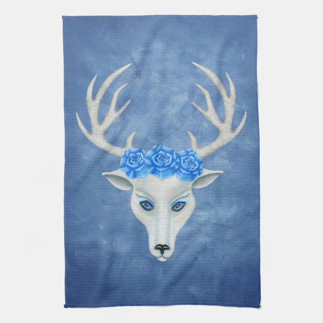White Deer Head Mysterious Face Blue Eyes Roses Tea Towel (Vertical)
