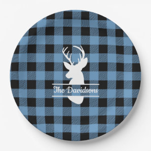 White Deer Head on Blue Buffalo Plaid Paper Plates