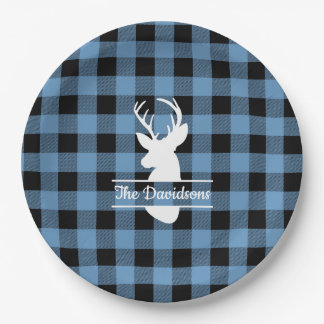 White Deer Head on Blue Buffalo Plaid Paper Plates