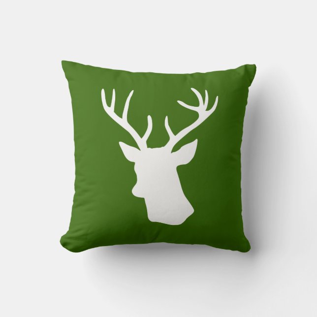 White Deer Head Silhouette - Green Cushion (Front)