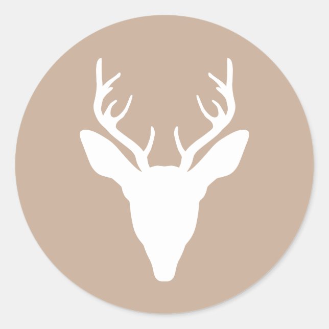 White Deer Head Silhouette On Beige Classic Round Sticker (Front)