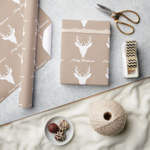 White Deer Head Silhouette On Beige & Custom Text Wrapping Paper