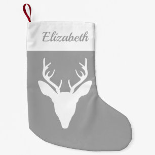 White Deer Head Silhouette On Grey And Custom Name Small Christmas Stocking