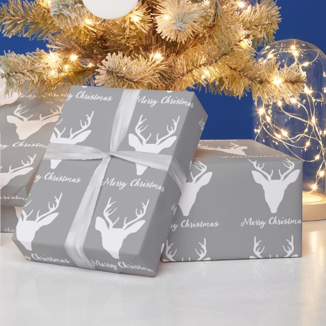 White Deer Head Silhouette On Grey And Custom Text Wrapping Paper (Holidays)