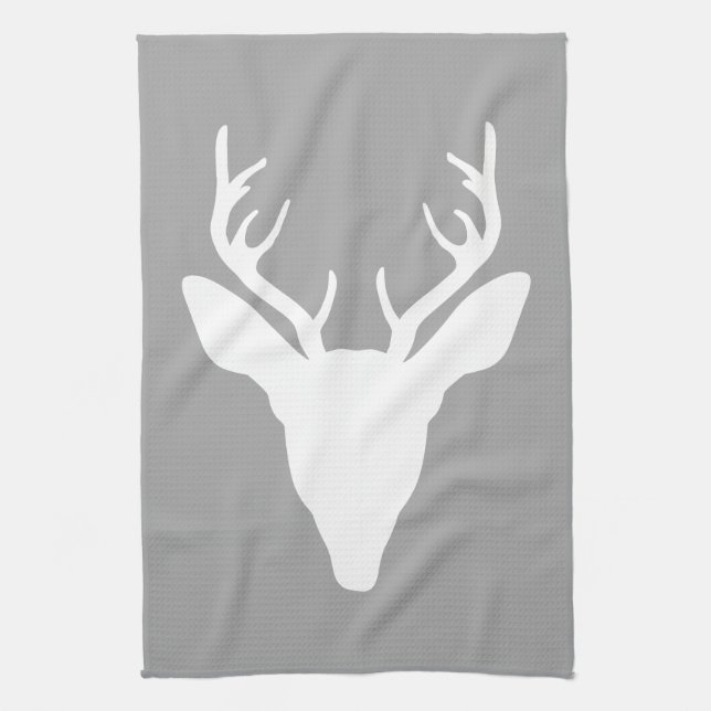 White Deer Head Silhouette On Grey Tea Towel (Vertical)