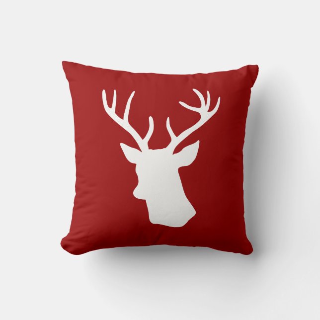 White Deer Head Silhouette on Red Cushion (Front)