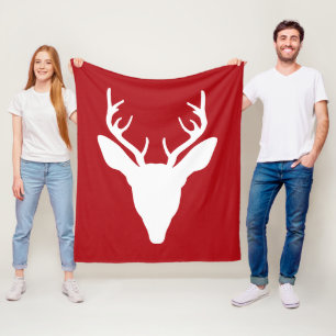 White Deer Head Silhouette On Red Fleece Blanket
