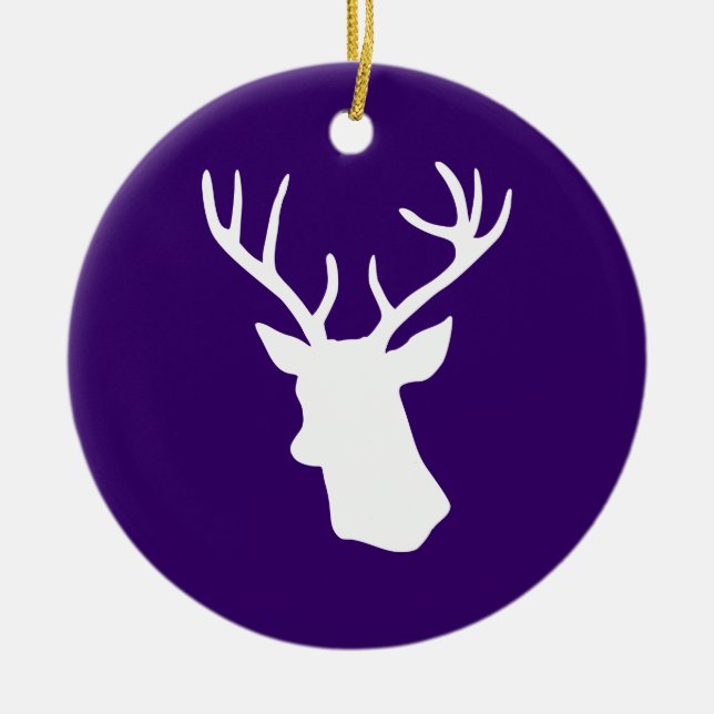 White Deer Head Silhouette - Purple Ceramic Tree Decoration (Front)