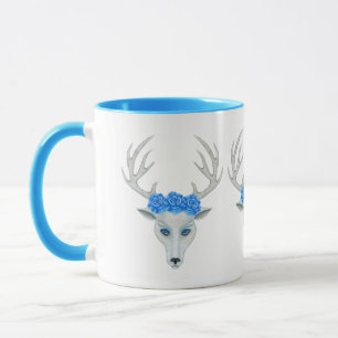 White Deer Head Vibrant Blue Eyes Antlers Roses Mug
