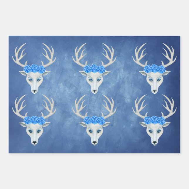 White Deer Heads Antlers Pretty Roses Misty Blues Wrapping Paper Sheet (Front)
