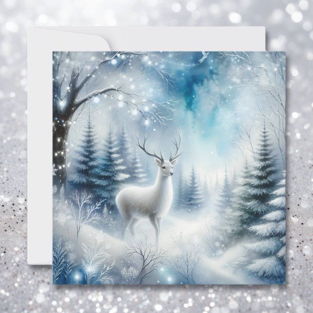 White Deer Magical Enchanted Christmas Forest Holiday Card (Creator Uploaded)
