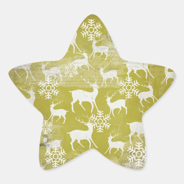 White Deer on Green Snowflakes Round Sticker (Front)