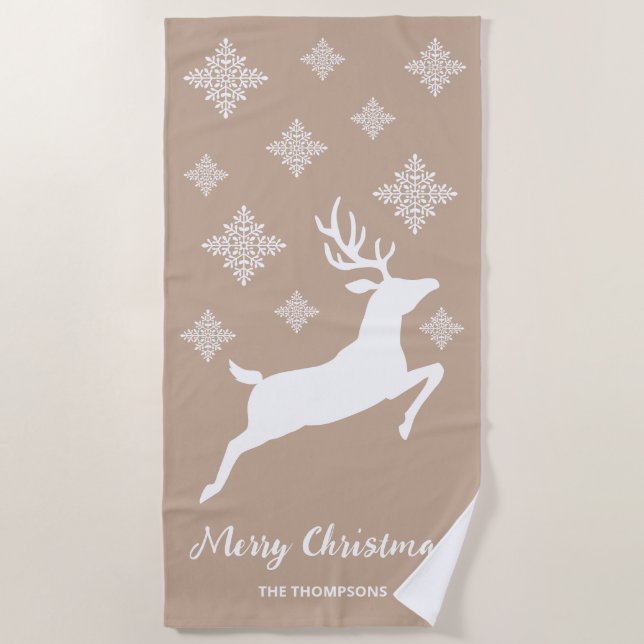 White Deer Shape On Beige With Snowflakes & Text Beach Towel (Front)
