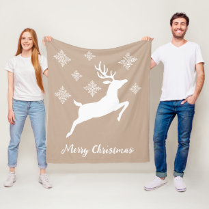 White Deer Shape On Beige With Snowflakes & Text Fleece Blanket