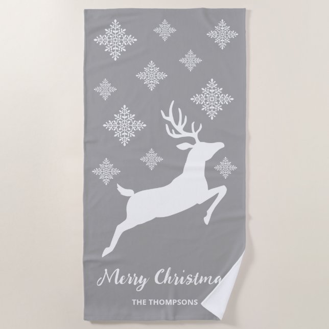 White Deer Shape On Grey With Snowflakes & Text Beach Towel (Front)