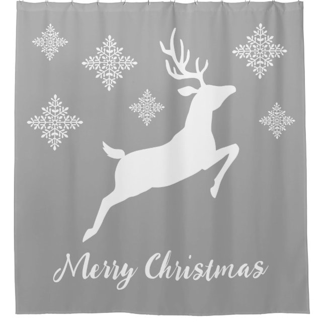 White Deer Shape On Grey With Snowflakes & Text Shower Curtain (Front)
