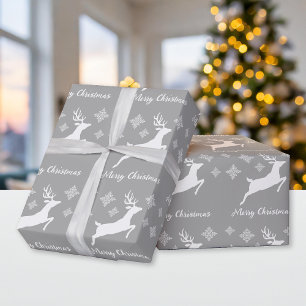 White Deer Shape On Grey With Snowflakes & Text Wrapping Paper