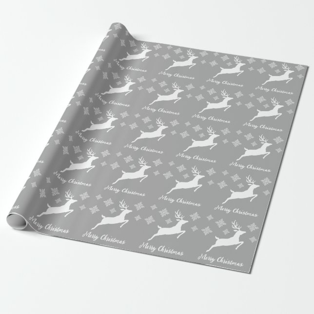 White Deer Shape On Grey With Snowflakes & Text Wrapping Paper (Unrolled)
