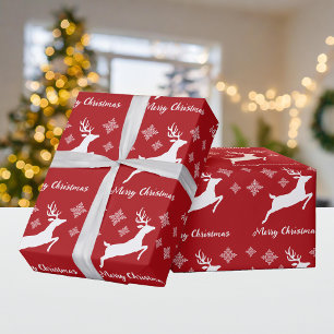 White Deer Shape On Red With Snowflakes & Text Wrapping Paper