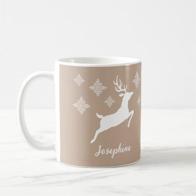 White Deer Shapes On Beige With Snowflakes & Name Coffee Mug (Left)