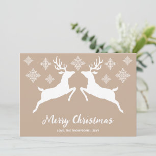 White Deer Shapes On Beige With Snowflakes & Text Holiday Card