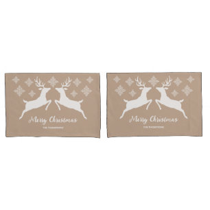 White Deer Shapes On Beige With Snowflakes & Text Pillowcase