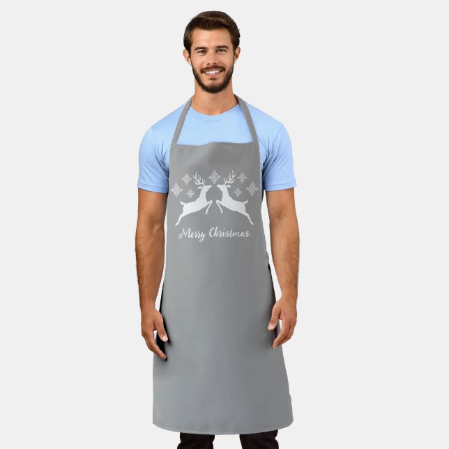 White Deer Shapes On Grey With Snowflakes & Text Apron (Worn)