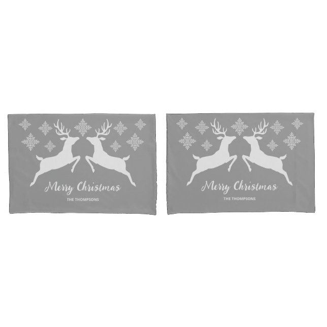 White Deer Shapes On Grey With Snowflakes & Text Pillowcase (Front-Set)