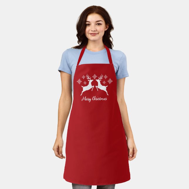 White Deer Shapes On Red With Snowflakes & Text Apron (Worn)