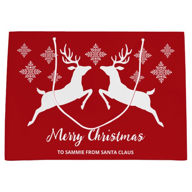White Deer Shapes On Red With Snowflakes & Text Large Gift Bag (Front)