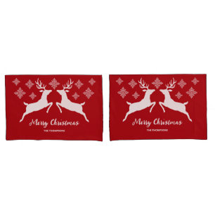 White Deer Shapes On Red With Snowflakes & Text Pillowcase