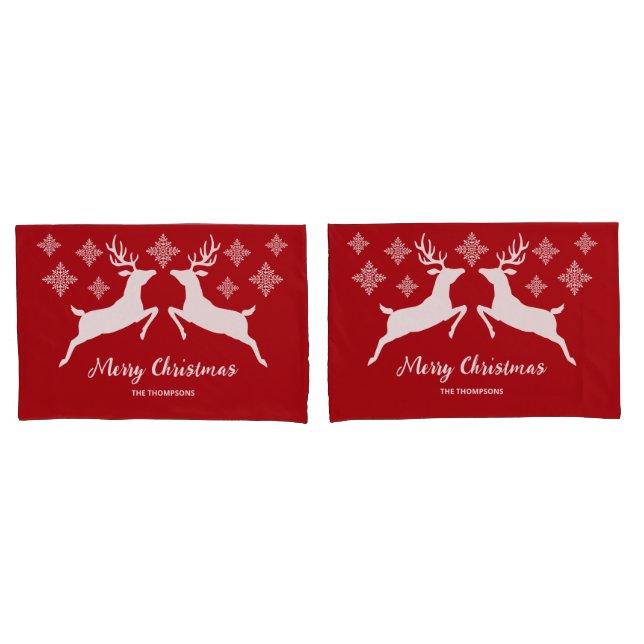 White Deer Shapes On Red With Snowflakes & Text Pillowcase (Front-Set)
