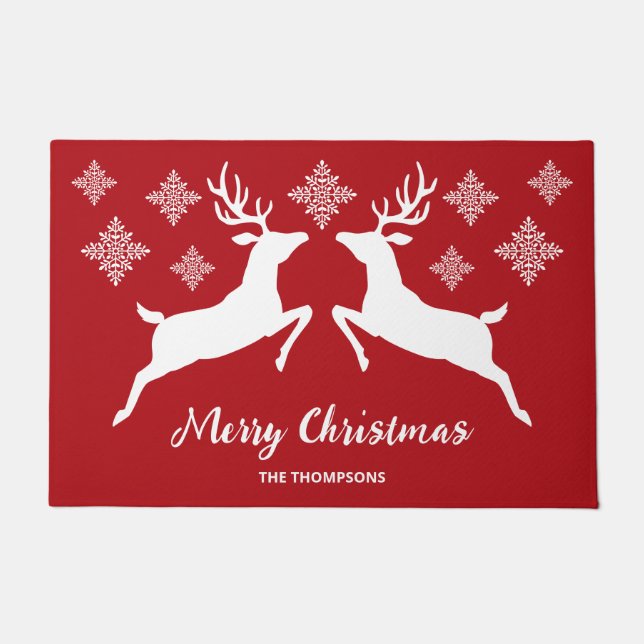 White Deer Silhouettes On Red With Snowflakes Doormat (Front)
