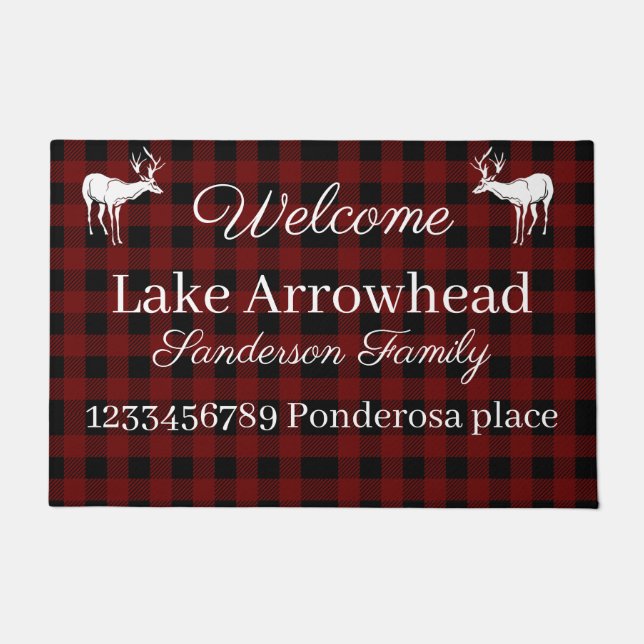 White deer silhouettes Red Black Buffaloe check  Doormat (Front)