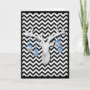 White Deer with Blue Ornaments on Chevron Holiday