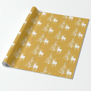 White deer with stylised tree in gold and white wrapping paper