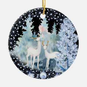 White Deers In The Snow Ceramic Ornament