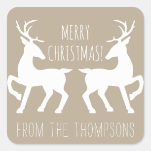 White Deers On Beige & Personalised Name Christmas Square Sticker