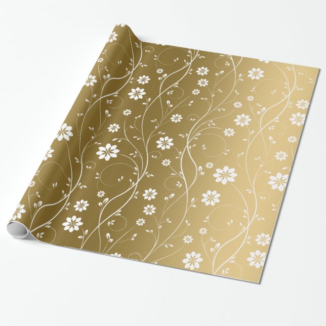 White Delicate Flowers On Gold Background Wrapping Paper (Unrolled)